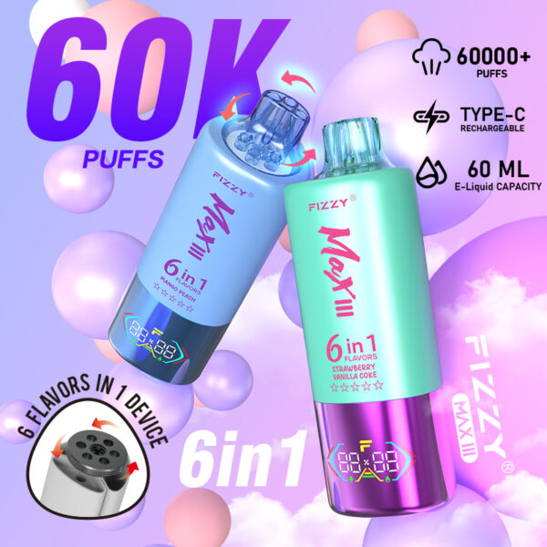 Fizzy Max III 6in1 60K 60000 Puffs Rechargeable Disposable Vape Flavors Wholesale - Image 5